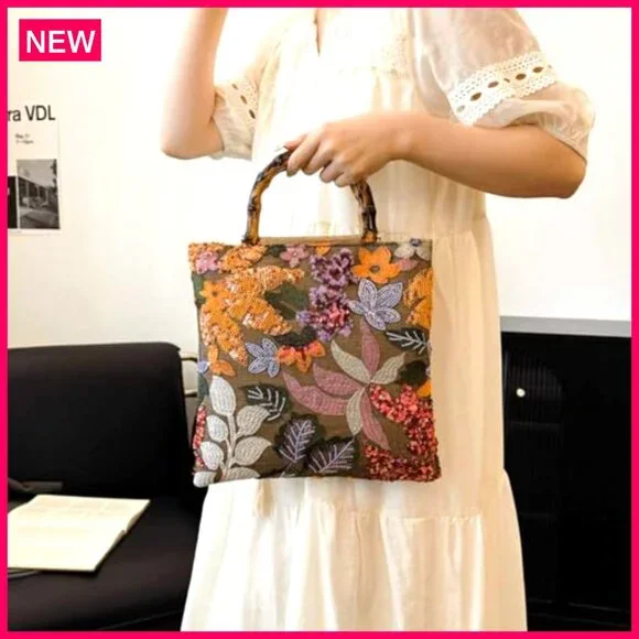 Bamboo Handle Embroidered Clutch Bag, Large Capacity, Retro Style Evening Bag - Picture 6 of 8